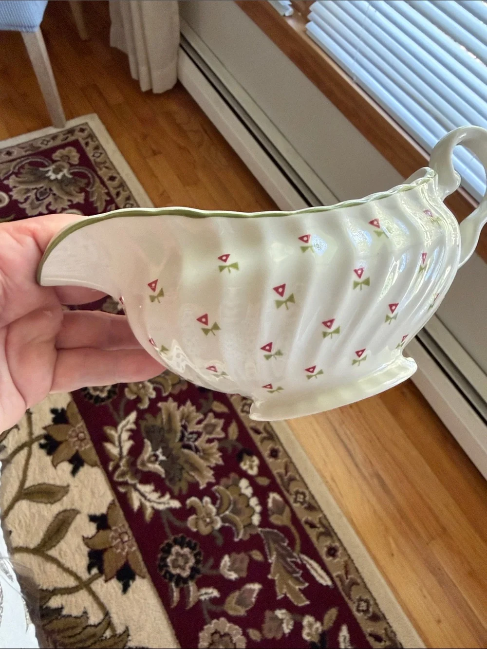 Laura Ashley thistle Gravy Boat with Green Rim Small Pink Floral Motif England
